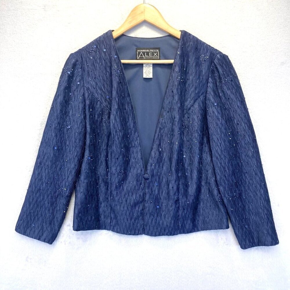 Alex Evenings Navy Blue Sequin Texture Blazer